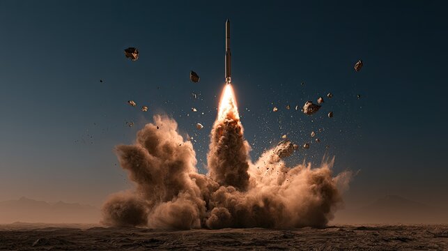 A rocket blasts off, kicking up dust and debris into a clear sky