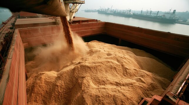 Bulk cargo, like grain, pours into ship hold