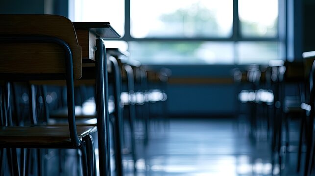 Row of empty classroom desks with large window in background