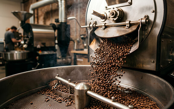 Close-up of Hot Freshly Roasted Coffee Beans Pouring from Large Industrial Roaster into Cooling Tray with Agitator in Modern Coffee Processing Factory
