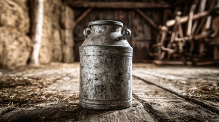 Fototapeta premium Aged metal milk jug rests on rustic wooden barn floor, hay bales behind