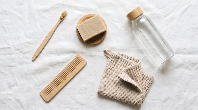 Sustainable Zero Waste Morning Routine Flat Lay Bamboo Products Eco Lifestyle Asian Home Concept