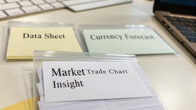 Organized workspace with data sheets, currency forecasts, and market trade chart insights for financial analysis