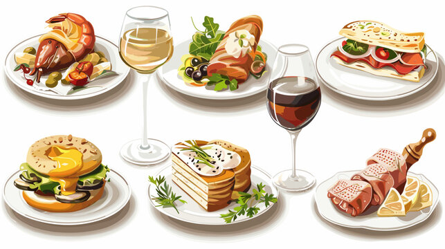 Gourmet Plated Dishes With Red And White Wine Glasses Featuring Roast Chicken Sandwich Burger