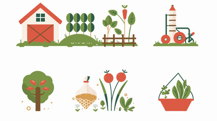 Pastel Farm And Garden Icon Set With Red Barn Tractor Orchard Trees Flower Beds Chicken Coop © AI PIC