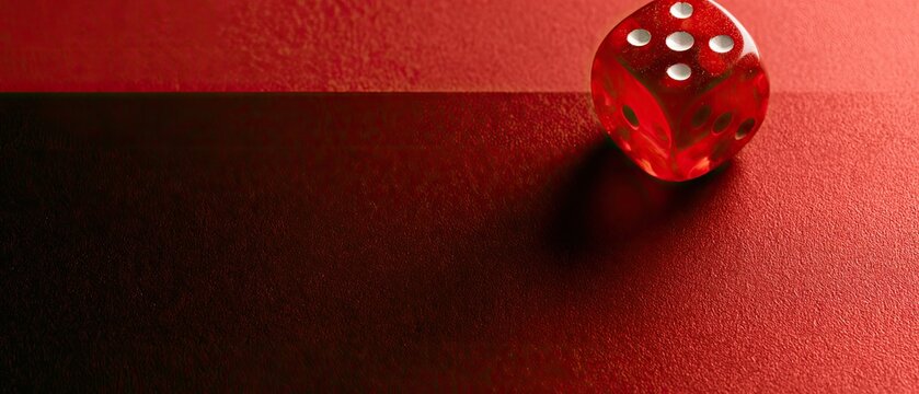 Single red die on textured red surface, shadowed