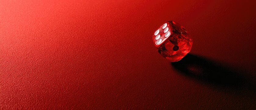 A single red transparent die rests on a dark red textured surface