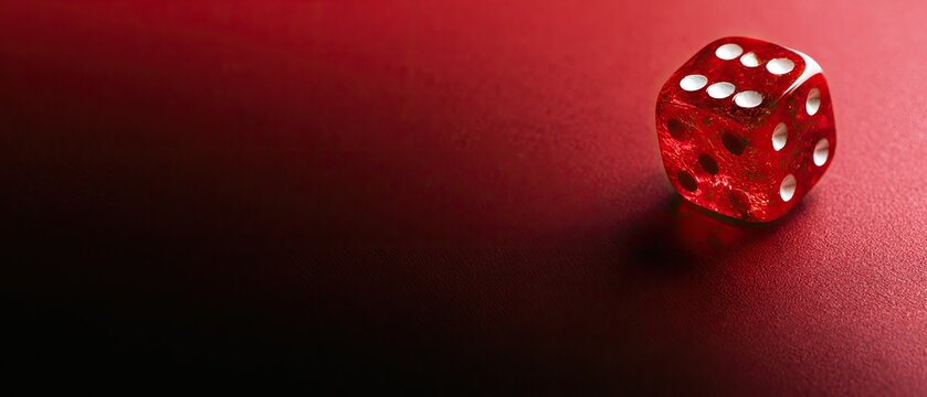 A single translucent red die rests on a dark red, reflective surface
