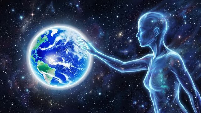 Ethereal cosmic being made of starlight reaching out to touch the earth in deep space 4k video