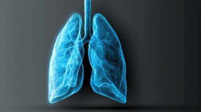 Glowing blue anatomical lungs with translucent, ethereal texture against dark background