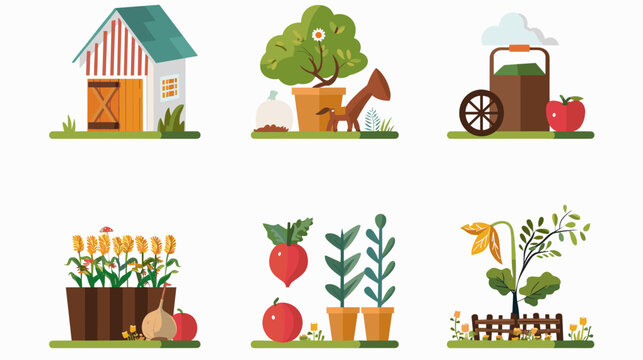 Rustic Farm And Garden Icons Featuring Barn Tractor Tree Wheelbarrow Planters Flowers Fruits And