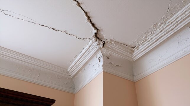 Large cracks fracture a plaster ceiling and ornate molding at the corner