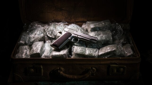 Old briefcase overflowing with plastic-wrapped bricks and a handgun