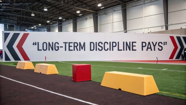 Motivational Wall Art Displaying Long-Term Discipline Pays in a Modern Indoor Sports Facility Setting