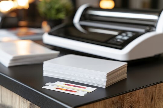 Print shop counter with laminator pouches and temperature strips face down