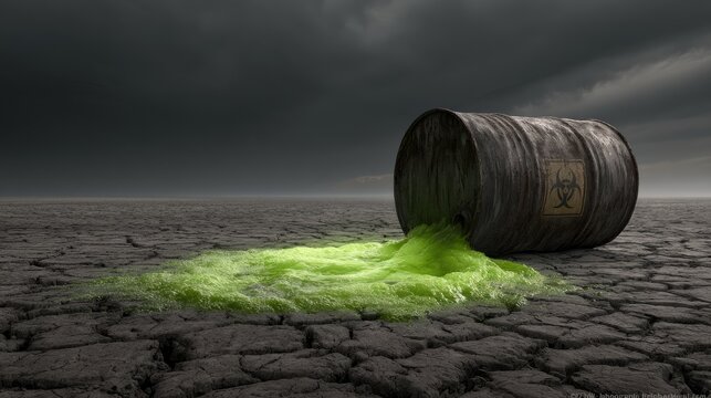 Toxic waste spills from tipped barrel onto cracked, barren land