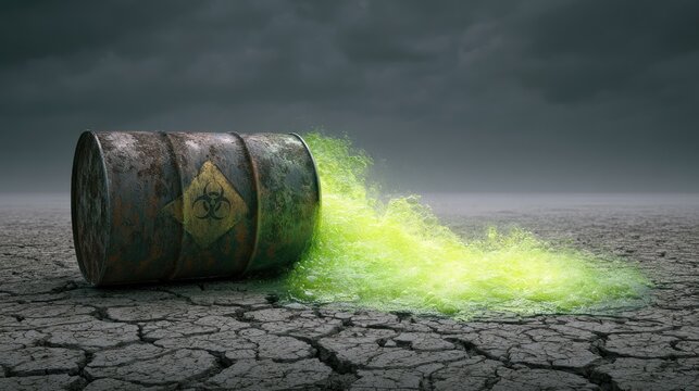Rusty barrel spills toxic green liquid onto cracked, barren earth