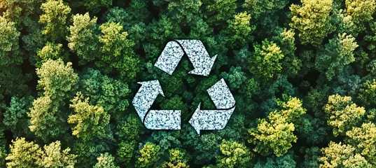 Aerial View of Lush Green Forest with Recycling Symbol Representing Environmental Responsibility © Ilja