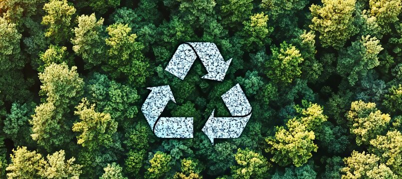 Aerial View of Lush Green Forest with Recycling Symbol Representing Environmental Responsibility
