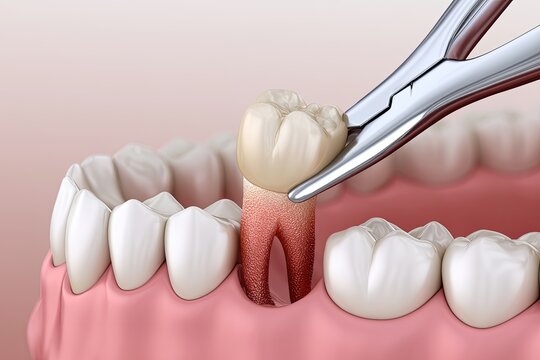 A dental instrument pulls a tooth from gums