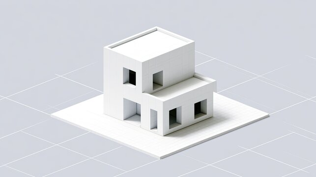 Minimalist modern dwelling, rendered as a white isometric architectural model