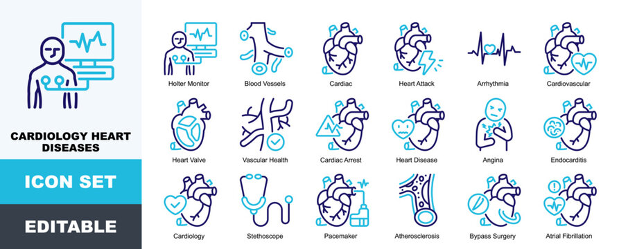 Cardiology Heart Diseases Icon Pack Featuring Holter Monitor, Blood Vessels, Cardiac, Heart Attack, Arrhythmia, Cardiovascular, Vascular Health