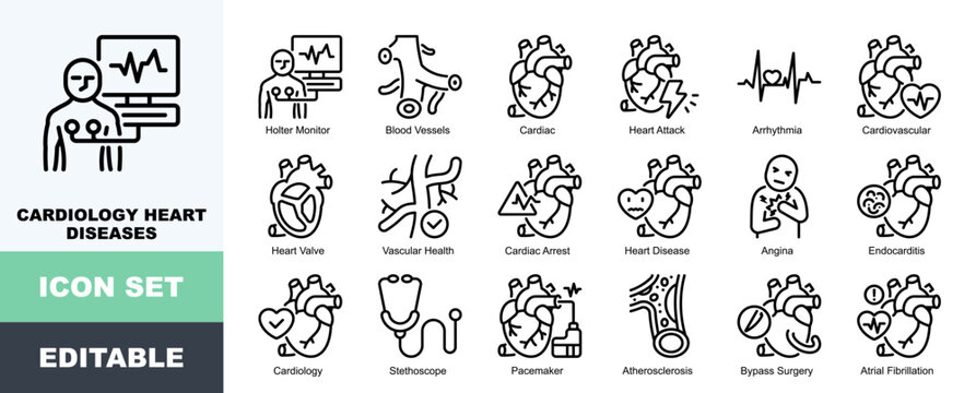 Cardiology Heart Diseases Icon Pack Featuring Holter Monitor, Blood Vessels, Cardiac, Heart Attack, Arrhythmia, Cardiovascular, Vascular Health
