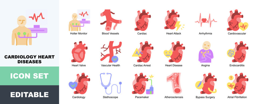Cardiology Heart Diseases Icon Pack Featuring Holter Monitor, Blood Vessels, Cardiac, Heart Attack, Arrhythmia, Cardiovascular, Vascular Health