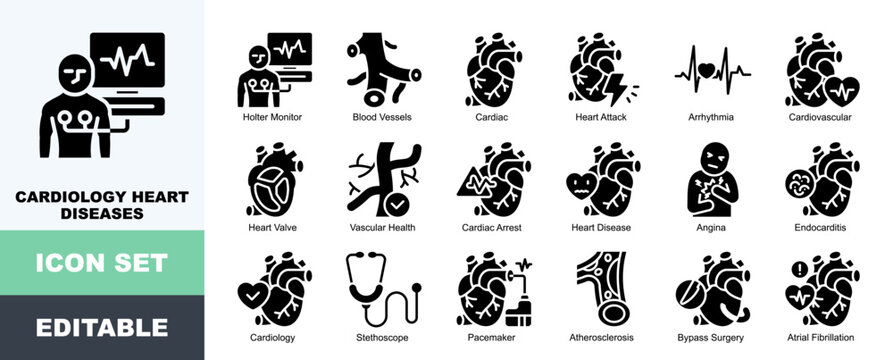 Cardiology Heart Diseases Icon Pack Featuring Holter Monitor, Blood Vessels, Cardiac, Heart Attack, Arrhythmia, Cardiovascular, Vascular Health