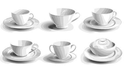 Fototapeta premium Six White Porcelain Teacups And Saucers Arranged With Reflections And Soft Shadows On White