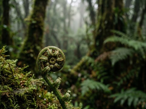 Close up of a coiled green fern frond fiddlehead in a misty tropical rainforest