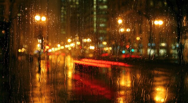 Blurred city lights streak past on a rainy night through water-streaked glass