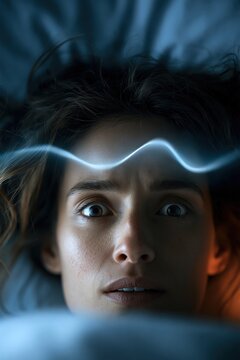 Person lying awake at night with glowing sound wave on forehead, tinnitus concept