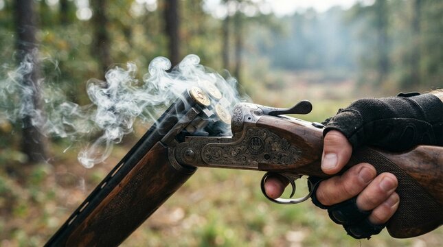 Close up view of a hunter holding a smoking vintage double barrel shotgun with intricate metal engraving after firing rounds during a cold outdoor hunting trip