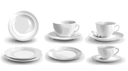 Fototapeta premium White Porcelain Tableware Set Cups Plates And Saucers Arranged On White Background With Soft