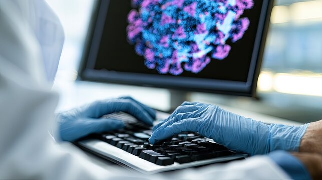 Scientist with gloved hands types on keyboard, computer displays virus model