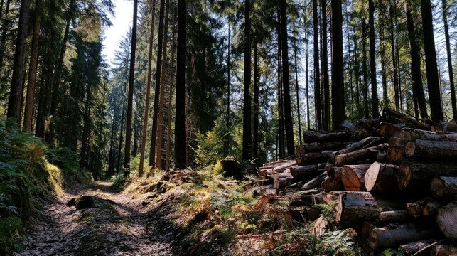 Sunlit forest path, felled logs piled high, dappled light on ground