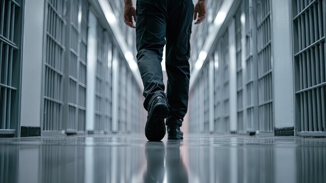 Person walks down a sterile, dimly lit prison corridor lined with cells