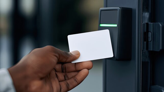 Person holding blank card to electronic access control reader