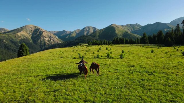 Scenic mountain landscape near Narynkol, Merke and Kakpak village in Kazakhstan. Green summer pastures, alpine meadows and majestic mountains create a perfect destination for eco-tourism and outdoor a