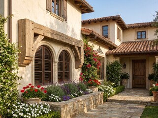Fototapeta premium Beautiful Mediterranean Style Villa Exterior with Lush Garden and Stone Path