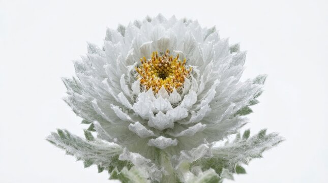 Captivating close-up of a rare silver-white alpine plant with a vibrant yellow core, showcasing delicate textures and unique botanical beauty against a pristine backdrop