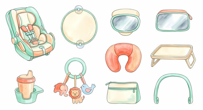 Baby First Tooth Dental Care Icons Kawaii Watercolor Set Teething
