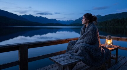 Fototapeta premium Young woman wrapped in a chunky knit blanket sitting on a wooden pier at dusk with a glowing lantern, overlooking a serene mountain lake for relaxation.