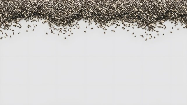 Small nutritious chia seeds arranged in a beautiful organic pile on a clean white background for culinary photography and blogging
