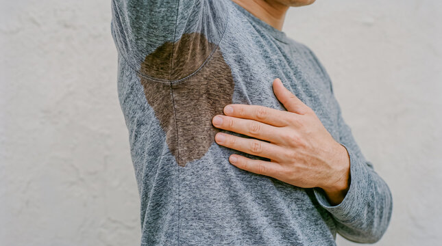 Man with excessive sweat stain under armpit hyperhidrosis concept