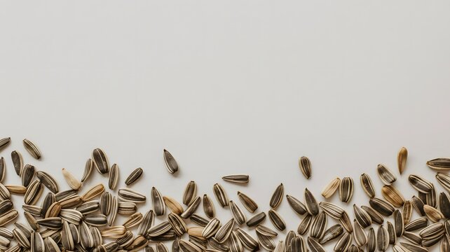 Many raw sunflower seeds are scattered across a plain white surface creating a simple and natural rustic food border pattern