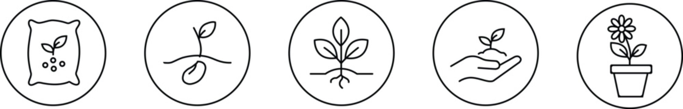 Set of five line icons representing seed bag, seedling, plant, hand holding seedling, and flower pot with blooming flower on transparent background