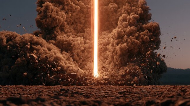 Intense beam of light pierces exploding earth and debris