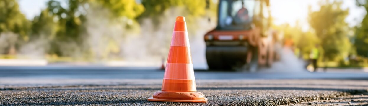 Orange traffic cone with road roller compactor paving asphalt with copy space